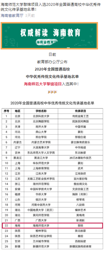 海师黎锦项目入选全国普通高校中华优秀传统文化传承基地