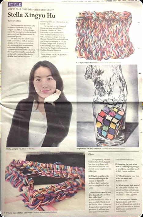 服装与服饰设计专业毕业生胡星禹同学作品在2015年纽约秋季时装周展示并被多家媒体报道